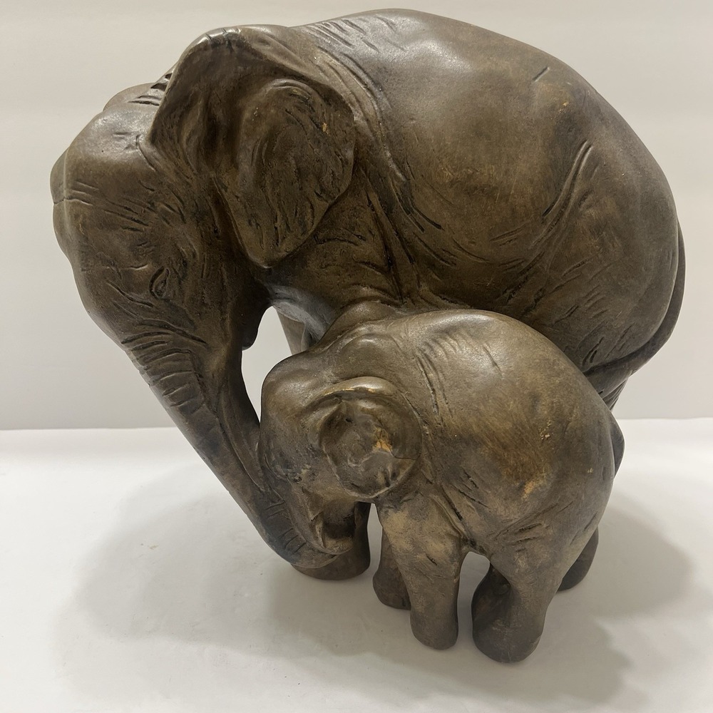 Wooden Elephant Statue Hand Carved Large Brown Mother Baby 11x11x7"